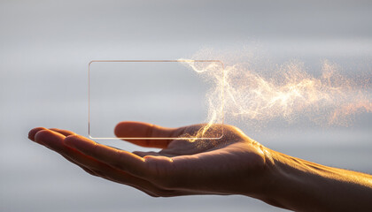 Hand holding glowing digital rectangle with sparkling particles
