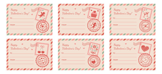 A set of blank retro templates for personalized gift tags and stickers for Valentine's Day. Letter-style design with a postage stamp and seal. "From and to" design. Vector illustration.