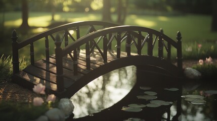 A charming miniature wooden arched bridge crosses over reflective water in a sunny garden setting surrounded by lush greenery and trees