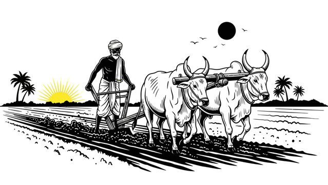 Traditional Indian farmer plowing field with oxen at sunrise