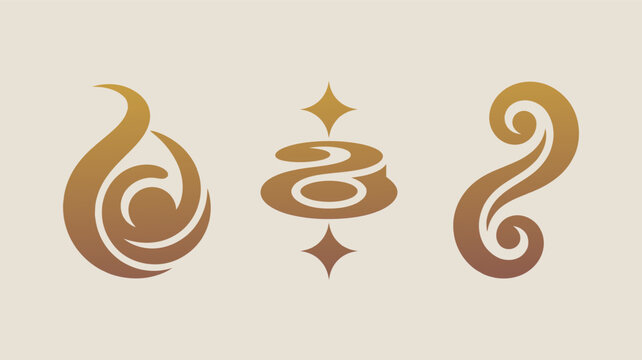 Three stylized golden abstract emblems featuring swirling, fluid, and star accents suggest mystical energy, elemental forces, or ancient cultural sigils against a light background.