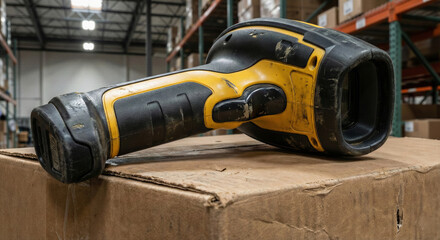 Used yellow handheld barcode scanner resting on cardboard shipping box in industrial warehouse
