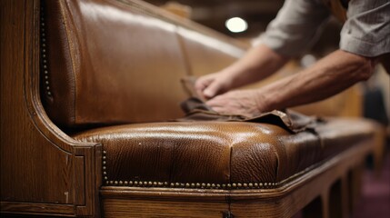 Medium shot of a worker applying leather upholstery to a church pew showcasing expert stitching and fitting techniques for luxurious seating restoration