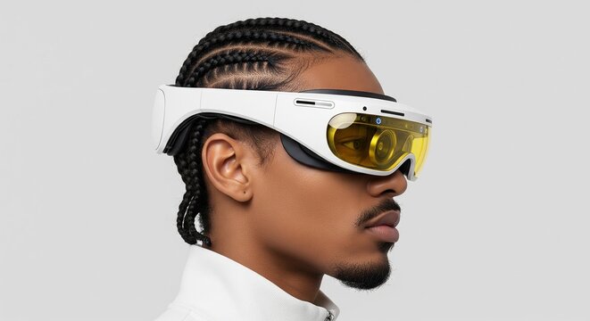Man wearing futuristic white virtual reality glasses with yellow lenses, showcasing advanced technology - Powered by Adobe