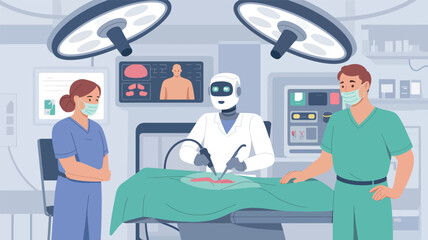 Robot surgeon and medical team in operating room surgery