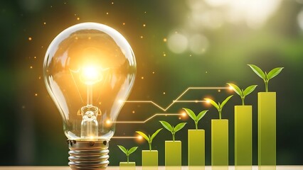 Innovative ideas growing into success represented by a glowing light bulb and rising bar graph with sprouting plants