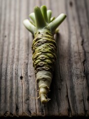 Whole raw wasabi root on a wooden board
