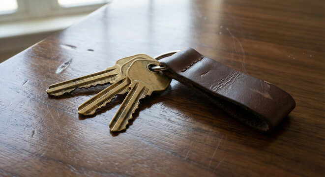 Three brass house keys on a worn brown leather keychain resting on a dark wooden table