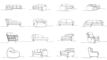 Sofa and chair sketches in minimalist line art style