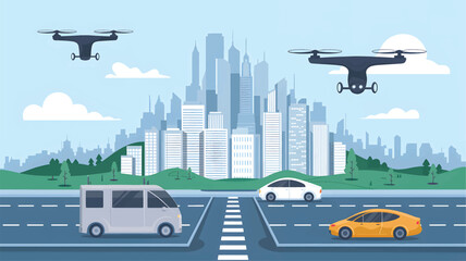 Drones fly over city streets with cars and buildings © srdesignhouse