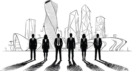 Silhouetted business professionals standing confidently before modern city skyline sketch representing corporate leadership, teamwork, strategy, innovation, urban growth, and professional success