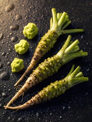 Top-down view of wasabi roots on a damp stone
