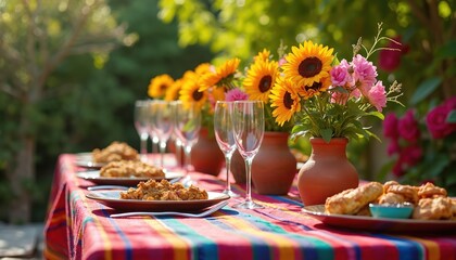 Outdoor dining table set with plates of food, sunflowers, and pink flowers. Bright striped tablecloth and clay vases create festive atmosphere for a meal outdoors with friends or family.
