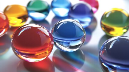 A close up macro shot of brightly colored perfectly spherical glass marbles clustered together reflecting light on a smooth surface