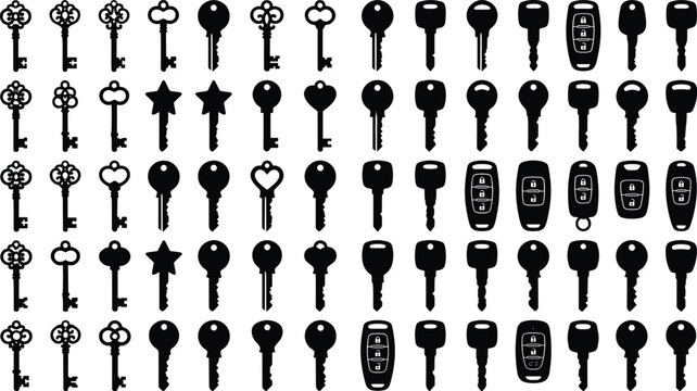 Key silhouette icon collection featuring vintage skeleton keys modern house car keys and remote fobs, black vector symbols isolated on white background