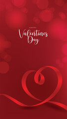 Elegant red Valentine&rsquo;s Day background with ribbon heart shape, soft bokeh lights and romantic typography, perfect for love greeting cards, posters and festive designs.