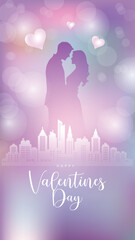 Romantic Valentine&rsquo;s Day illustration of a loving couple silhouette with hearts, dreamy pastel bokeh background and city skyline, perfect for love, wedding, and celebration themes.