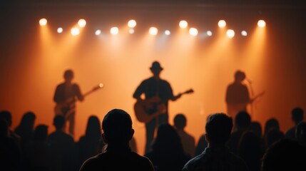 Fototapeta premium Worship Band Performs Inspiring Live Music on Stage at Church Conference with Audience Enjoying Uplifting Atmosphere and Vibrant Lighting Effects