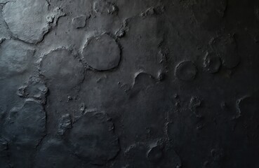 Deep black textured wall with irregular raised circular shapes. Surface shows craters and rough patches. Dark abstract background for design.