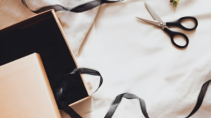 Preparing a gift box with ribbon, scissors, and wrapping materials on a surface