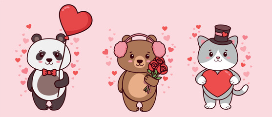 A vector illustration in a cute cartoon style, dedicated to the theme of love or Valentine's Day. Depicted are: a panda, a bear cub and a kitten. Vector animals for Valentine's Day © WizardlyDsgn