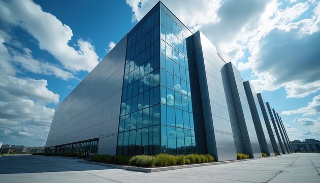 Modern data center building exterior with reflective glass facade under a cloudy sky. Sleek architecture suggests advanced technology and digital infrastructure. Future ready complex for IT services. - Powered by Adobe