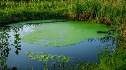 A bright green algae bloom spreads across the surface of a still pond surrounded by lush reeds and vegetation under natural sunlight