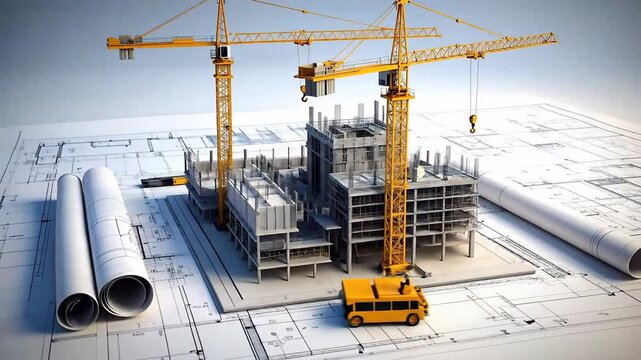 Construction Site Illustration With Two Cranes And Yellow Vehicle On Detailed Blueprint