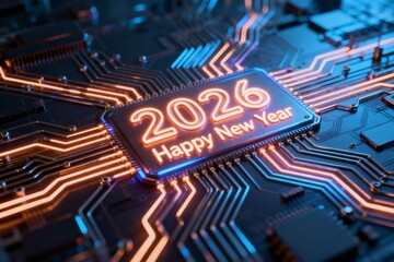 Circuit board with glowing 2026 new year text