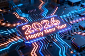 Circuit board with neon 2026 new year text