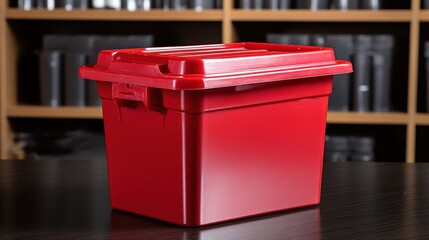 A bright red plastic storage container with a secure lid and latch sits on a dark surface in a well lit indoor environment