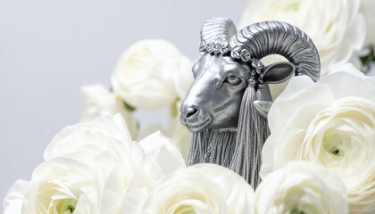 Silver ram sculpture with tassels in white roses