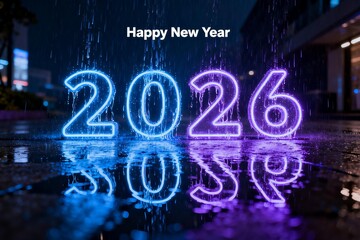 Neon numbers 2026 on wet ground