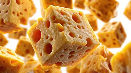 Floating cubes of cheese in air surrounded by a light background with emphasis on their texture and shape during a food-themed visual display