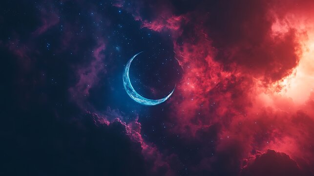 Crescent moon with dramatic red clouds in cosmic night sky
