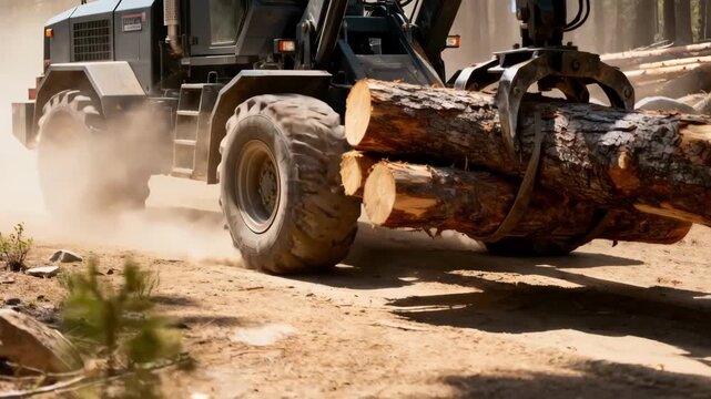 A forestry skidder working on dry dusty forest paths smoothly moving large timber logs under clear daylight conditions in a rugged outdoor environment.