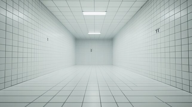 A bright white tiled room with perfectly aligned ceramic tiles on walls floor and ceiling and two fluorescent light fixtures illuminating the sterile interior space