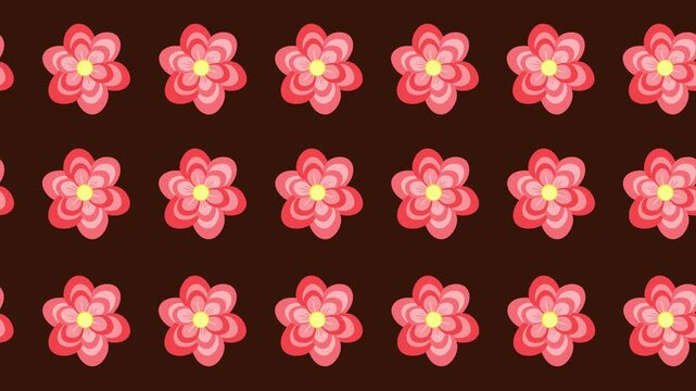 Seamless pattern of stylized pink and coral flowers on a tile background animation. Repeating cartoon wallpaper with flat design floral blooms symbols. Modern botanical backdrop motion looping texture