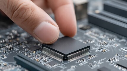 Close-Up of Technician Hands Working on Computer Hardware and Installing Chip on Motherboard in Modern Technology Environment