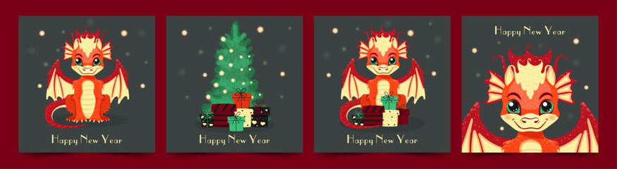 Happy New Year greeting cards with beautiful dragons, Christmas tree and gifts. Dragons on holiday cards for children. Vector, cartoon