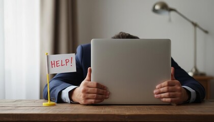 Workplace burnout and stress concept: Overwhelmed person hides behind laptop, 'HELP!' flag signals exhaustion and urgent need for support.