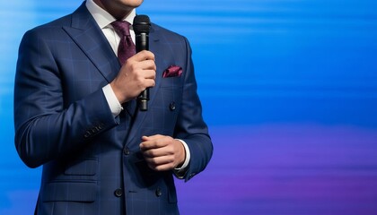 Confident professional speaker in a stylish blue plaid suit holding a microphone on stage, presenting at a corporate event with copy space.