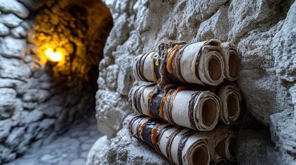 A bundle of old wax sealed parchment scrolls stacked against a rough stone wall creating a historical artifact display
