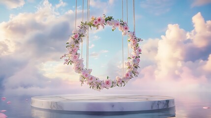 Obraz premium Elegant floral wedding circle stage with pastel clouds background 