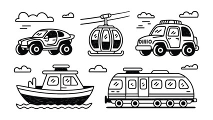 Variety of Transport Vehicles: A collection of various transport vehicles, showcasing a car, cable car, police car, boat, and train, with outlines in a simple yet visually appealing style. © hafs121