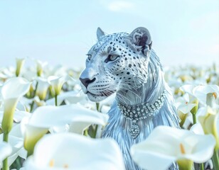 Silver leopard sculpture with jewels in calla lily field