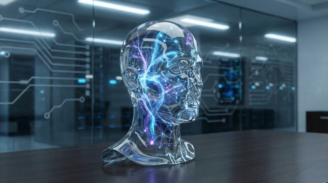 A futuristic glass sculpture of a human head with glowing blue circuits in a modern office setting - Powered by Adobe