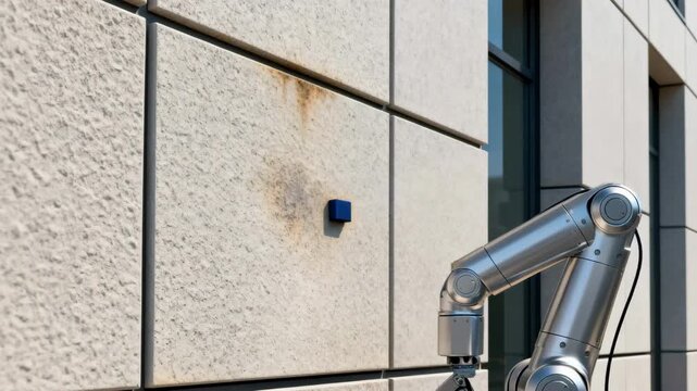 Automated robotic arm applies moisture sensors on building facade panels assessing structural insulation and identifying potential vulnerabilities in the envelope system.