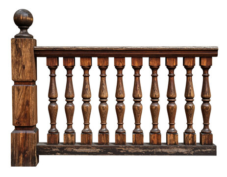 Intricate, dark wooden balustrade, featuring decorative turned spindles and a rounded post
