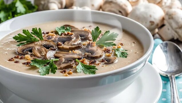 Creamy Mushroom Soup with Parsley Garnish and Fresh Mushrooms